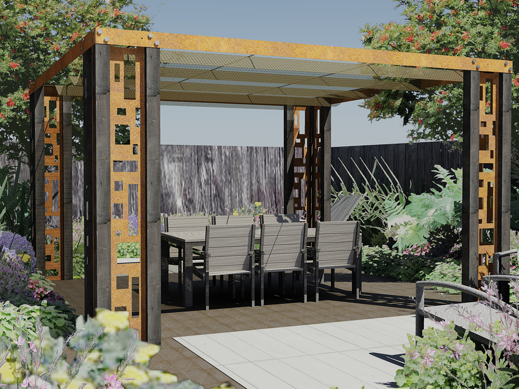 Stoere design pergola, hout, staal en schaduwdoek